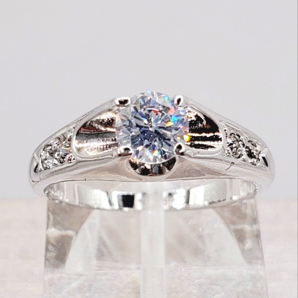 Round Brilliant Cut Simulated Diamond Silver Tone Ring